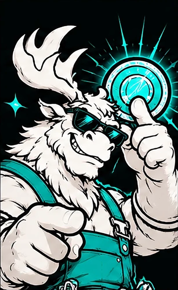 MOOZ in sunglasses pointing at a glowing coin